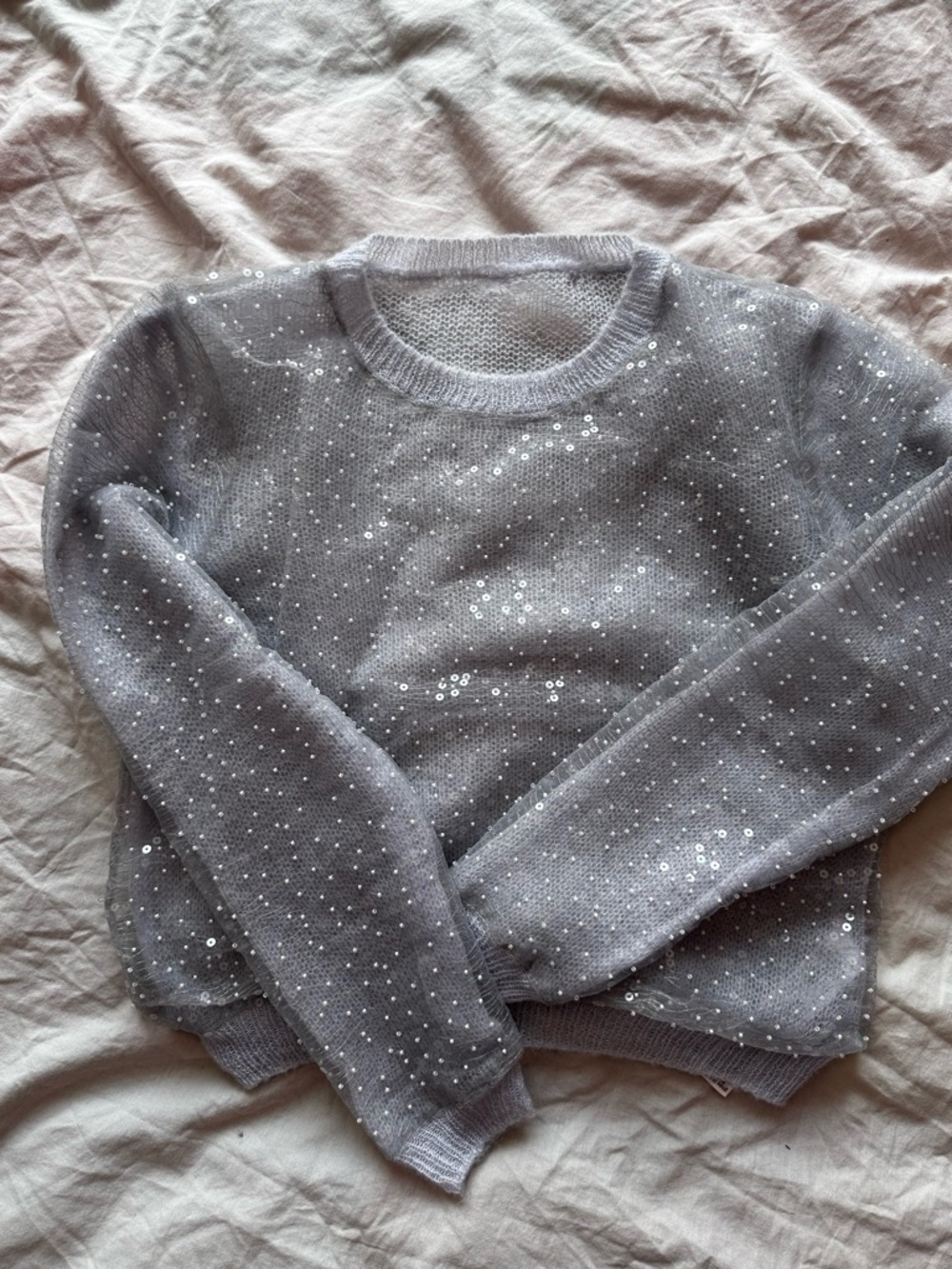 ZARA Sheer Sequin Tulle Sweater Grey Embellished Knit Top XS
